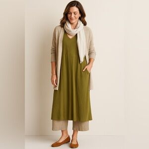 J. Jill NWOt Olive Green Pima Cotton Tencel Seamed Elliptical Knit Maxi Dress L